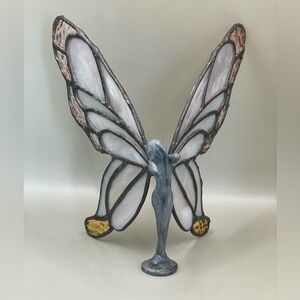 Vintage Signed 1991 Iridescent Stained Glass Wings Butterfly Fairy 7” Figurine